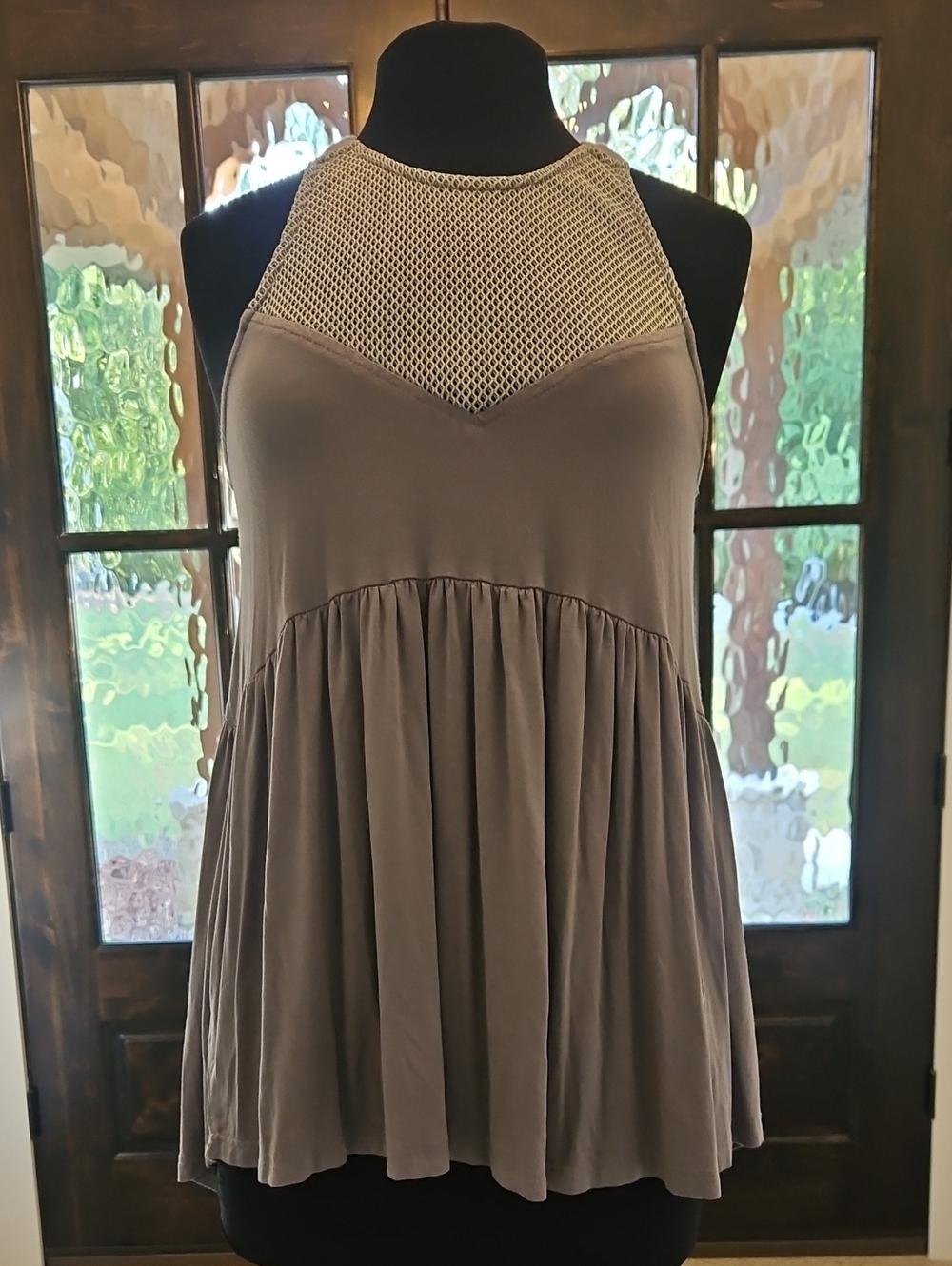 POL Taupe Crochet Yoke Top. Size L